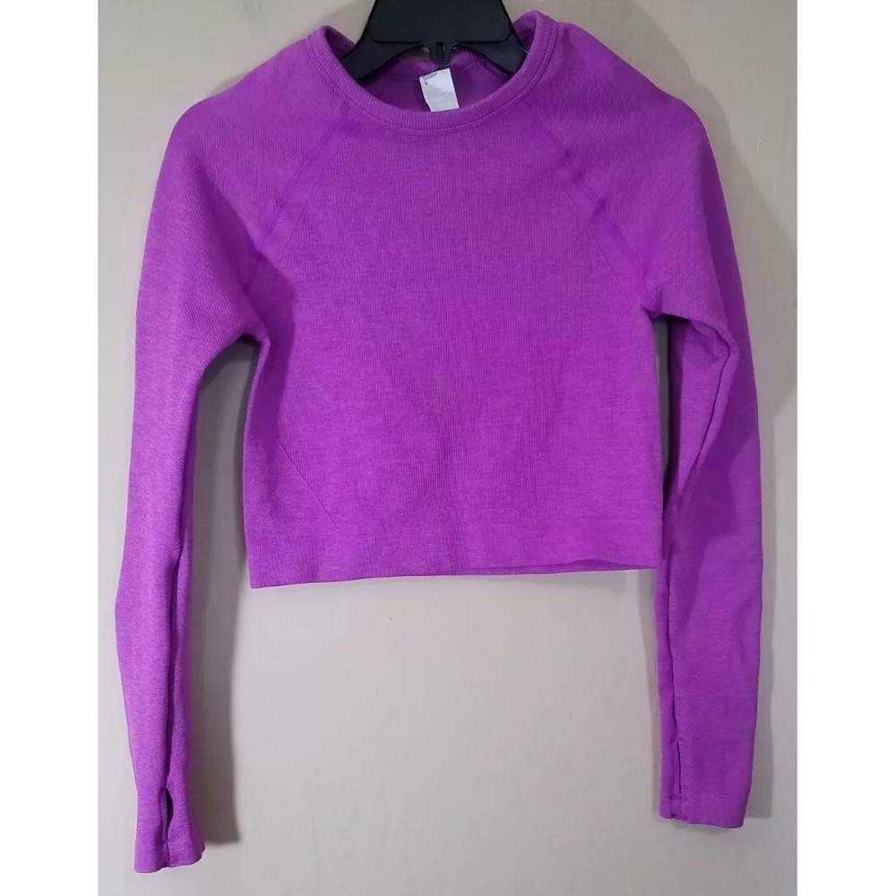 Fabletics‎ Seamless Crop Top Women size M Bri-Ribbed LS Thumbhole Orchid Purple